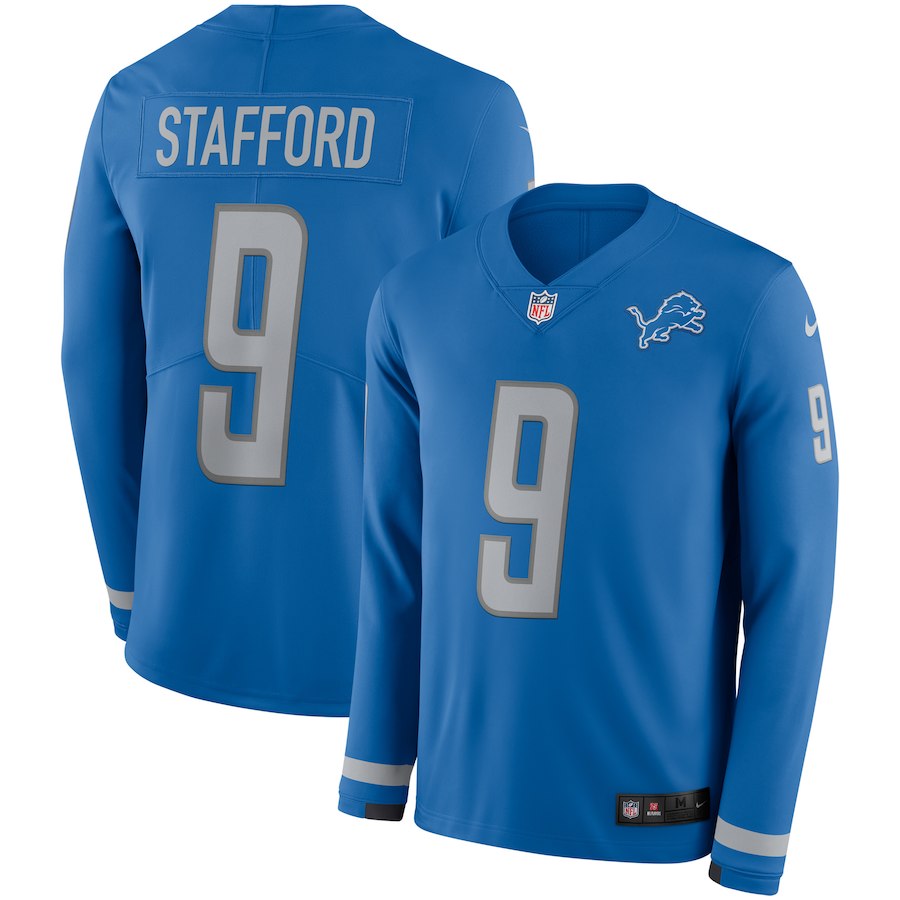 Men Detroit Lions 9 Stafford blue Limited NFL Nike Therma Long Sleeve Jersey